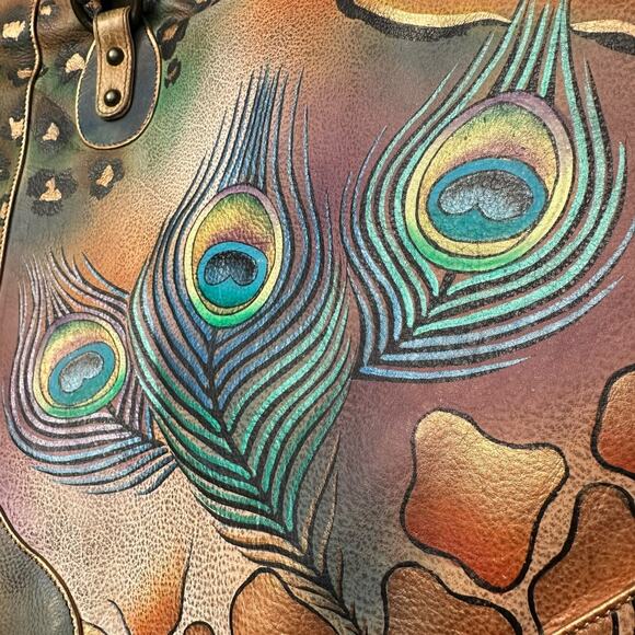 Anuschka Peacock Safari Hand Painted and Signed Leather Large Tote Bag - Picture 7 of 15